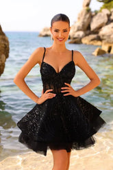 Black Homecoming Dress Sequined Spaghetti Straps A Line Short Cocktail Dress